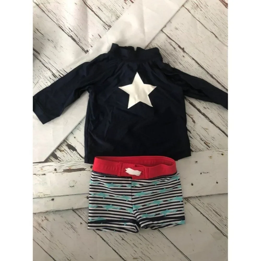 gap Baby boy size 0-6 month blue star patriotic USA rash guard swim set